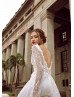 Long Sleeve V Neck Beaded Ivory Eyelash Lace Wedding Dress